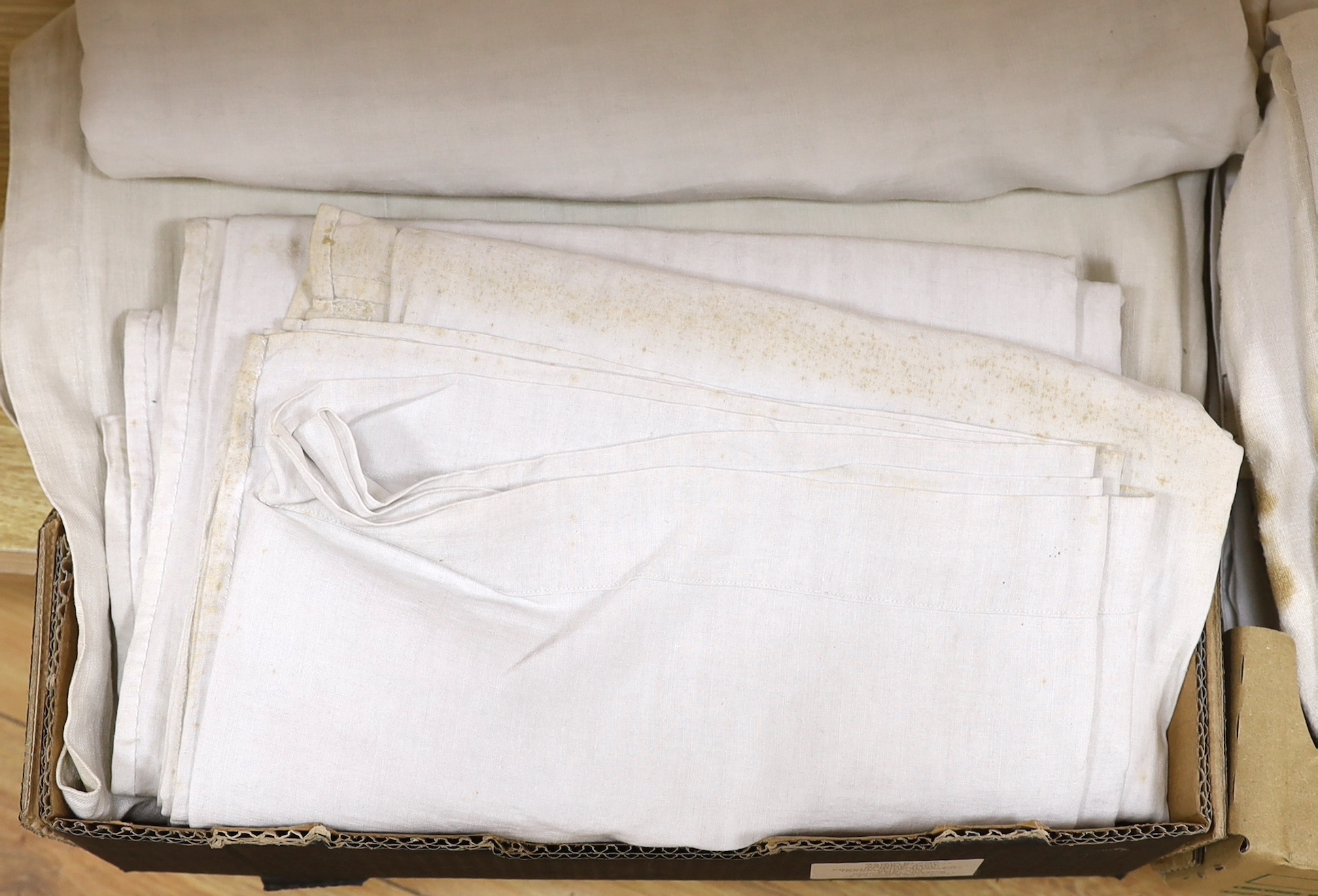 Nine plain thick French provincial linen sheets (in two boxes)